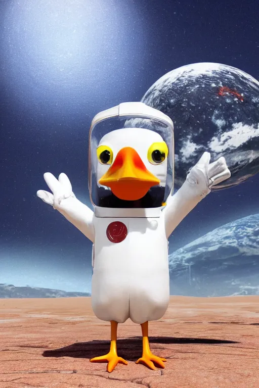 Image similar to a lonely chicken wearing a space suit without helmet in a alien planet, profile picture, digital art, concept art, trending on DeviantArt, highly detailed, high quality, 4K, cartoon, high coherence, path traced, blue sky in the background, octane render, digital painting, no helmet, masterpiece, anatomically correct, hyperrealistic