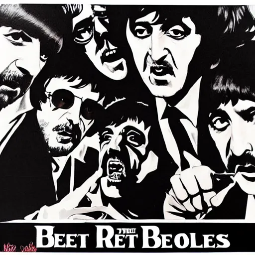 Image similar to beatles album cover, evil style, angry ringo, skeleton john,