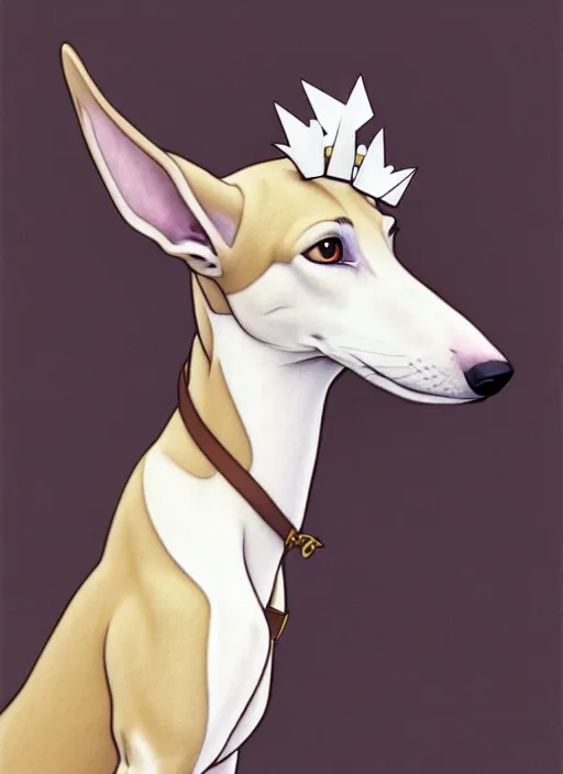 Prompt: cute white brown greyhound wearing paper crown, natural lighting, path traced, highly detailed, high quality, digital painting, by don bluth and ross tran and studio ghibli and alphonse mucha, artgerm