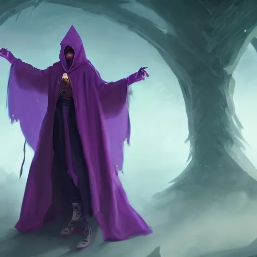 Image similar to full body, female warlock long hood cloak purple, fighting monster with magic, 8 k, trending on artstation by tooth wu and greg rutkowski