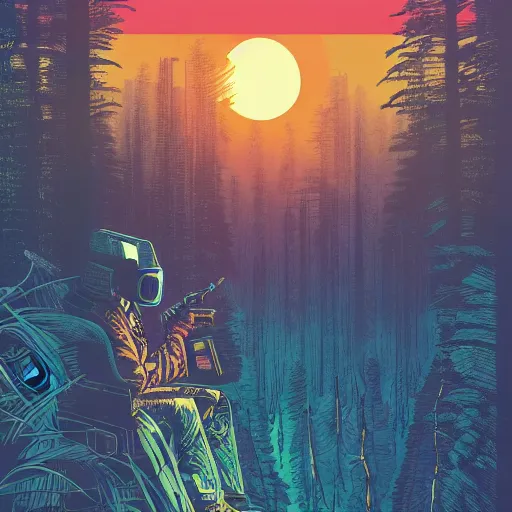 Image similar to Stunning illustration of single cyberpunk explorer overlooking lush forest , highly detailed, sunset, by Victo Ngai and James Gilleard , Moebius, Laurie Greasley