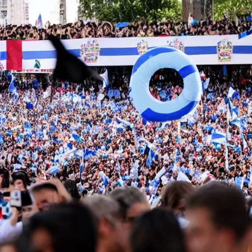 Image similar to Lady Gaga as president, Argentina presidential rally, Argentine flags behind, bokeh, giving a speech, detailed face, Argentina