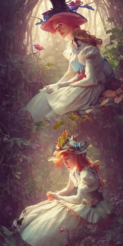 Prompt: alice in wonderland, intricate, highly detailed, digital painting, artstation, concept art, smooth, sharp focus, illustration, Unreal Engine 5, 8K, art by artgerm and greg rutkowski and alphonse mucha