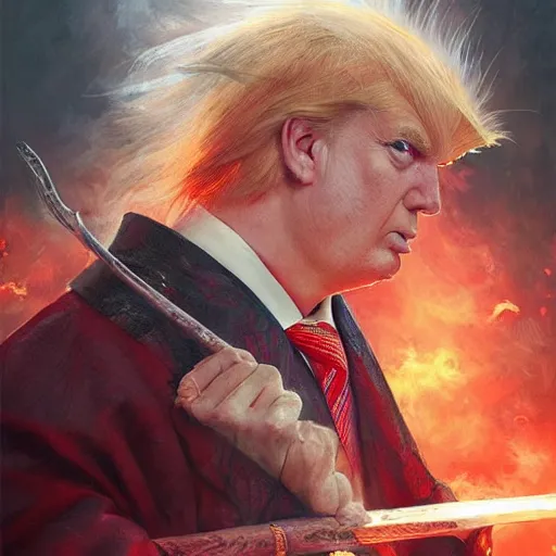 Image similar to an epic portrait of a person looking like donald trump wielding a spear, magical aura of insanity, intricate hakama, poofy red wig, eerie, highly detailed, dark fantasy, art by artgerm and greg rutkowski