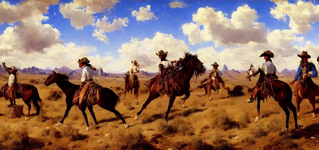 Image similar to painting of a strikingly beautiful blue sky with puffy white clouds over a western landscape, cowboys are having a shootout by eugene von guerard, ivan shishk, rosa bonheurn, john singer sargent, 4 k