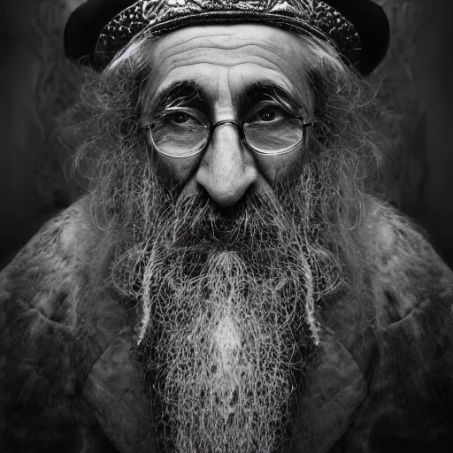 Prompt: Award Winning Highly Detailed Portrait Photo by Lee Jeffries of beautiful Hassidic Rabbi with hyper-defined features decorated sitting in a shining Filigree throne designed by Gaudi, Silks, Furs, ermine, wide-angle long shot, gelatine silver process