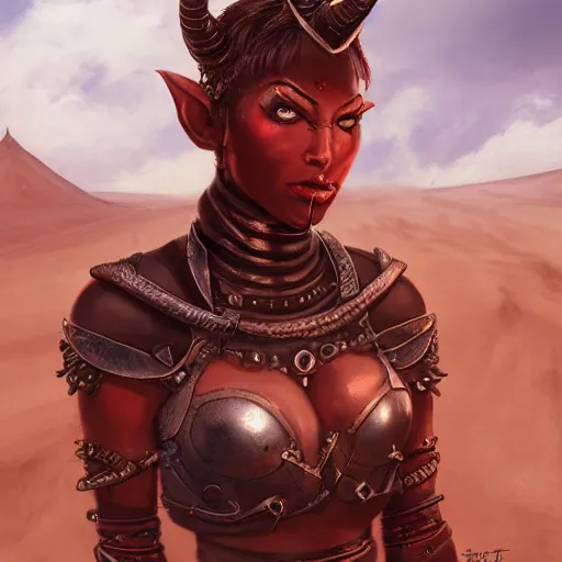 Prompt: portrait of a female berber tiefling, red skin, horns, black ponytail, steel armor, in a desert, fantasy, intricate, highly detailed, digital painting, artstation, concept art, character art, illustration, by steve argyle, by tyler jacobson, by peter mohrbacher