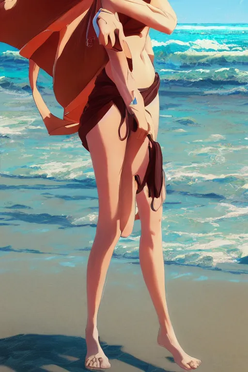 Image similar to walking on the beach, full body shot, intriguing outfit, fine - face, realistic shaded perfect body, fine details. night setting. very anime style. realistic shaded lighting poster by ilya kuvshinov katsuhiro, magali villeneuve, artgerm, jeremy lipkin and michael garmash, rob rey and kentaro miura style, trending on art station