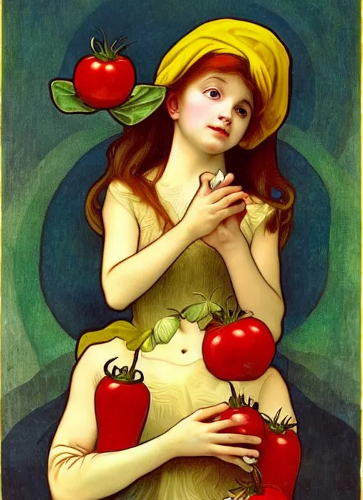 Image similar to Girl with a tomato, in the style of Raphael and Mark Ryden and Alphonse Mucha,