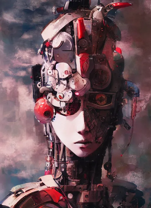 Image similar to surreal gouache painting, by yoshitaka amano, by ruan jia, by conrad roset, by good smile company, detailed anime 3d render of a mechanical android, portrait, cgsociety, artstation, modular mechanical costume and headpiece, dieselpunk atmosphere