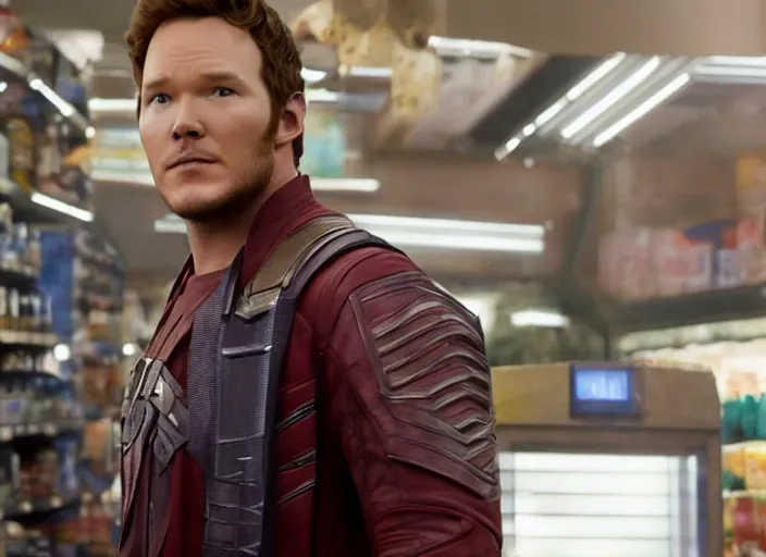 Prompt: film still of Star-Lord played by Chris Pratt shopping in a supermarket in the new Guardians of the Galaxy movie, 4k