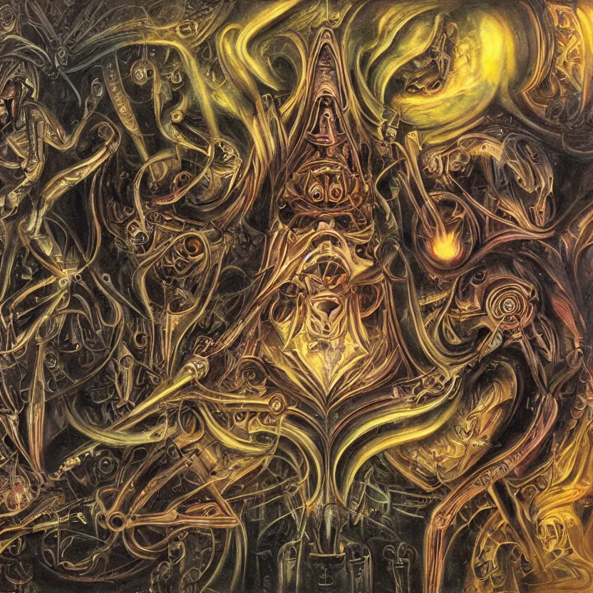 Image similar to biomechanical kali yantra, volumetric shadows and lighting, psychedelic colors, realistic oil painting by h. r. giger,