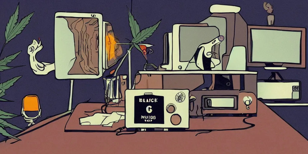 Image similar to 'black chicken'!!! smoking 'cannabis!!!!!!' in front of 'radio console'!!!! and 'multi monitors!!!!!!' in a tv broadcasting studio, artwork by James Gilleard