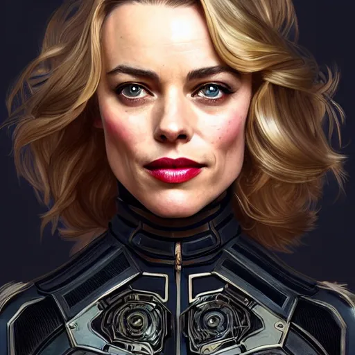 Prompt: Rachel McAdams' face combined with Margot Robbie's face with black hair wearing Power Armor, western, D&D, fantasy, intricate, elegant, highly detailed, digital painting, artstation, concept art, matte, sharp focus, illustration, art by Artgerm and Greg Rutkowski and Alphonse Mucha