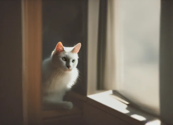 Image similar to photography of a Cat . watching outside the window. on a bed. in a 70's room full of vinyls and posters, photorealistic, award winning photo, 100mm, sharp, high res