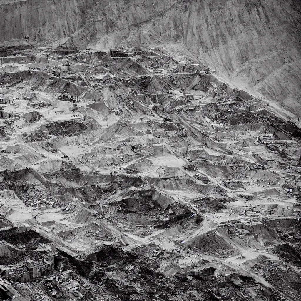 Image similar to mining tailings burying the city of chuquicamata, drawing by piranesi, composition, cinematic, rule, grid