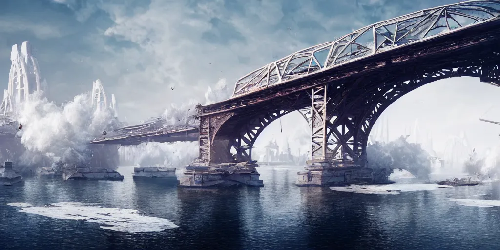 Image similar to huge white cotton everywhere on the destroyed harbour bridge, smooth, sharp focus, highly detailed, 3 d octane render, epic lighting, lots of white cotton, 8 k, by greg rutkowski