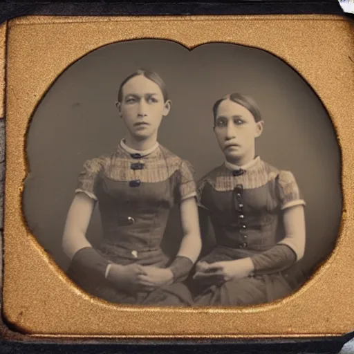 Prompt: tintype photo of two twins facing each each