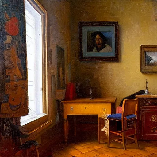 Prompt: a cozy little office nook, dmitry spiros, leonardo da vinci, jacques - louis david, johannes vermeer, 8 k, wide angle,