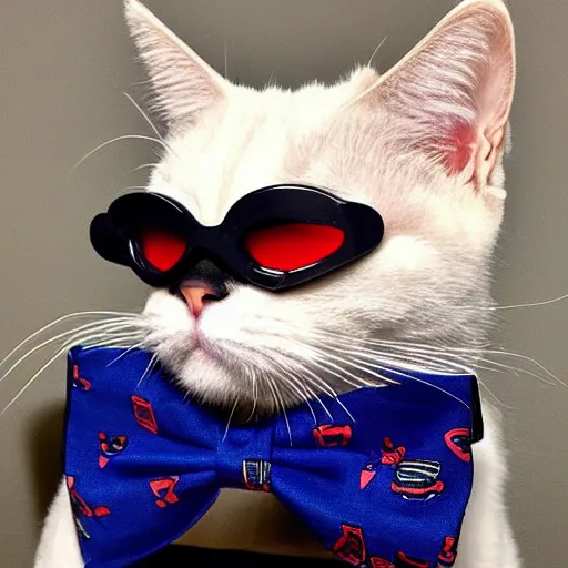 Prompt: sapphire cat wearing black goggles and red bow tie