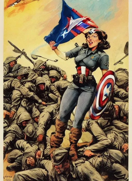 Image similar to beautiful jewish female captain america standing on a pile of defeated german soldiers. jewish feminist captain america wins wwii. american wwii propaganda poster by james gurney