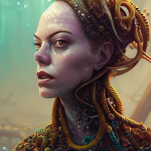 Prompt: underwater biopunk pirate portrait of emma stone, octopus, hyper detailed, digital art, trending in artstation, cinematic lighting, studio quality, smooth render, unreal engine 5 rendered, octane rendered, art style by klimt and nixeu and ian sprigger and wlop and krenz cushart.