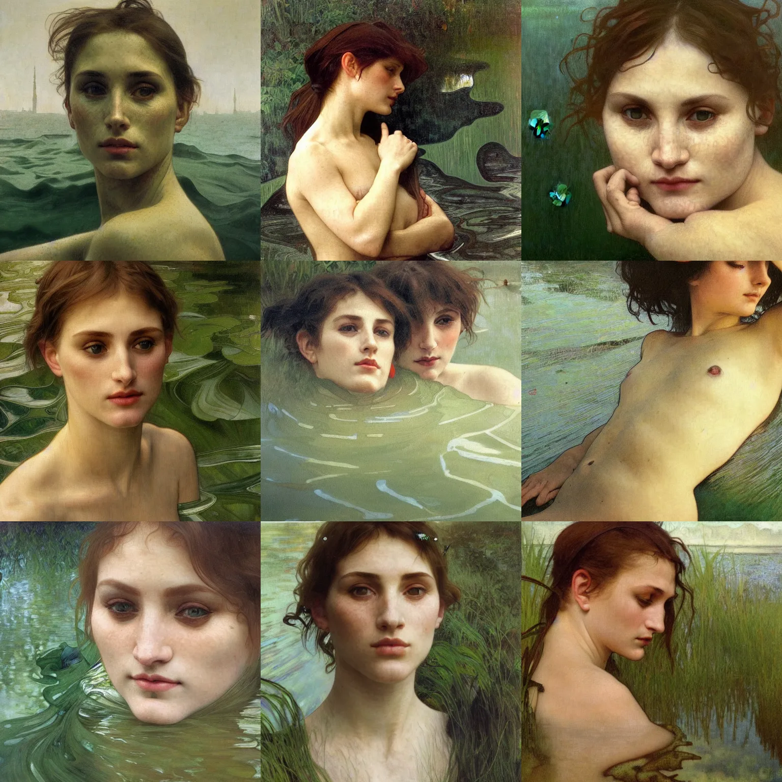 Prompt: hyperrealist portrait in a river, close up half body face, dark green water, algae, by alphonse mucha and lucian freud and bouguereau, foggy twilight lighting, very detailed faces