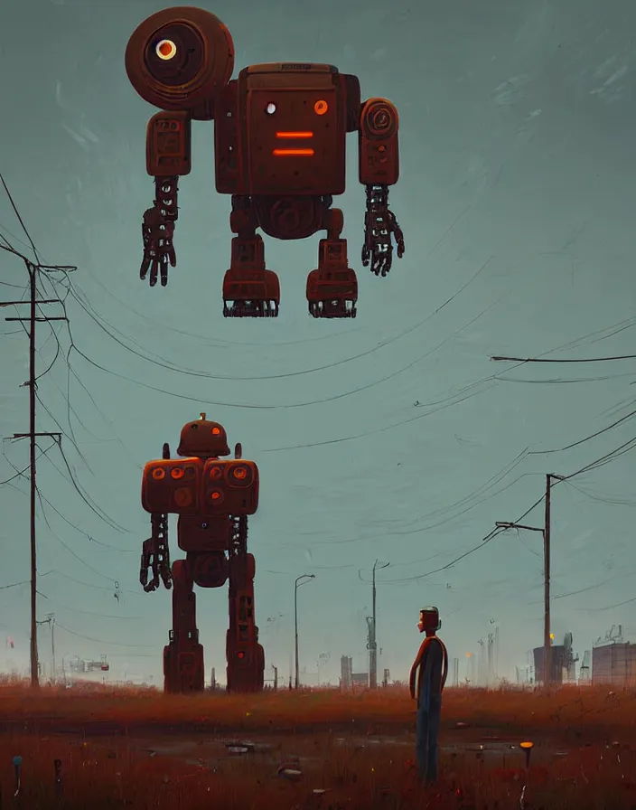 Image similar to giant rusty robot looking at a human, overcast, sci - fi digital painting by simon stalenhag