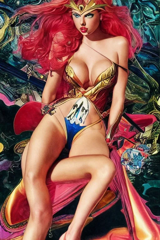 Image similar to she - ra : : taylor swift : : kate upton body : : portrait : : full body : : decadent highly - detailed digital photo : : art by helmut newton and mucha, master prime lenses, cinematic