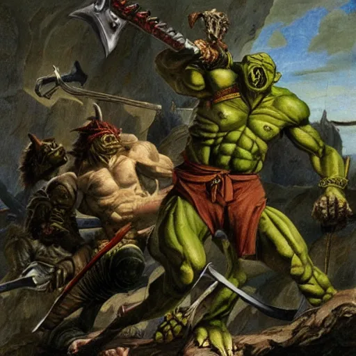 Prompt: dog - faced muscular goblin, ugly face, lizard tail, holding scimitar made of bone, scimitar, sword, jagged sword, curved sword, orkish sword, colorized, green skin, hyper - detailed, primeval fantasy, prehistoric fantasy, art by jacques - louis david