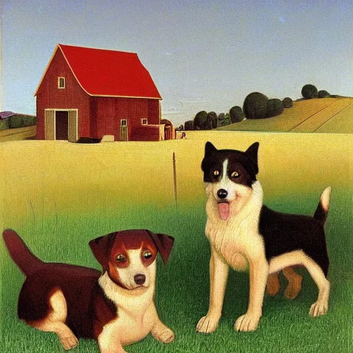 Image similar to two dogs portrait in front of a farmland, grant wood, american gothic from grant wood style