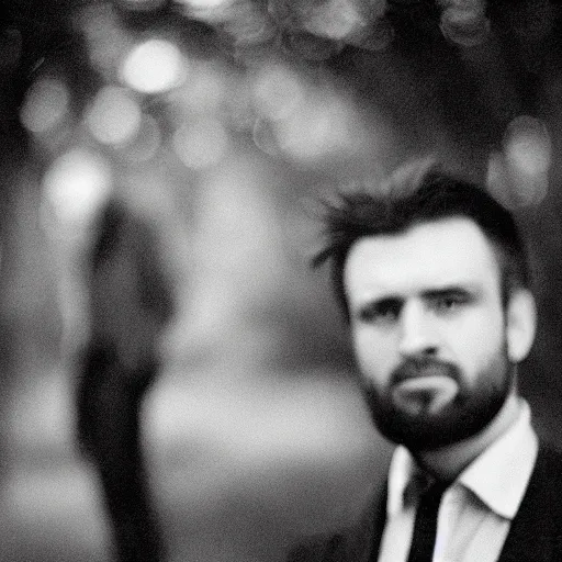 Image similar to A 4x5 portrait of two men, one is disheveled and the other is well-dressed, bokeh, depth of field, black & white, grainy, rule of thirds