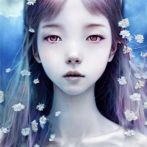 Image similar to 💀👨‍🚀 Portrait by Miho Hirano, Ross Tran and Ilya Kuvshinov, realistic, detailed, white, light pink tonalities, beautiful collage technique including flora, sea, wind, ornate sea background, beautiful Fantasy detailed trending on artstation, oil painting,Dramatic lighting, eterea , high quality print, fine art with subtle redshift rendering