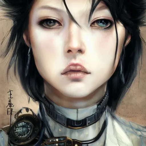 Image similar to portrait of a girl by ayami kojima, mixture between japanese and russian, she is about 2 0 years old, messy black bob hair, very tall and slender, she is wearing a steampunk tactical gear, highly detailed portrait, digital painting, artstation, concept art, smooth, sharp foccus ilustration, artstation hq