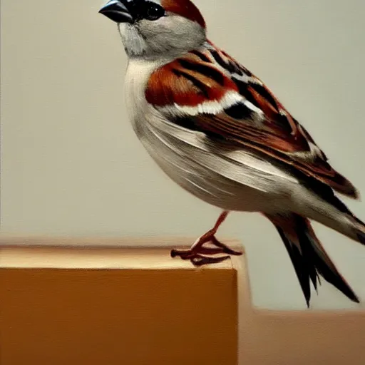 Prompt: an oil painting of a sparrow perched on a chair, highly detailed, oleo, artstation, sharp focus, by diego velazquez