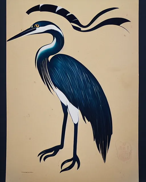 Image similar to vintage art deco hybrid animal poster depicting a heron with cat ears and paws