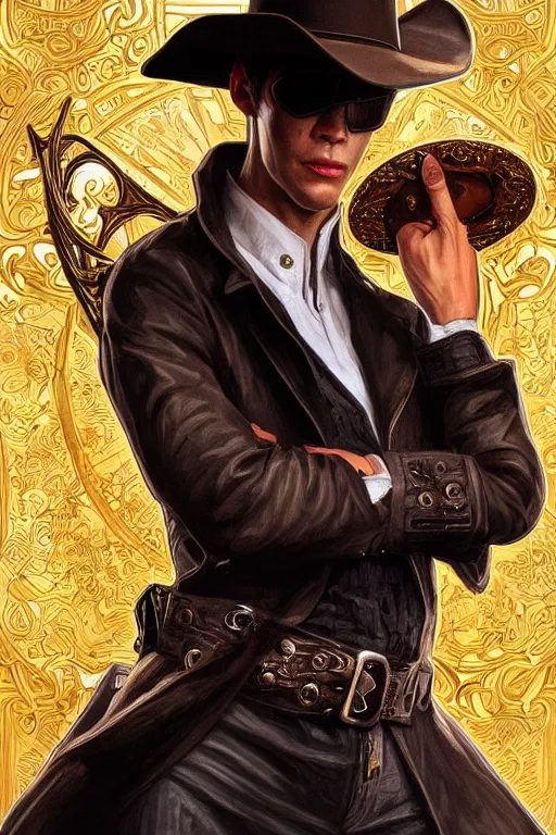 Image similar to portrait of Neo from The Matrix wearing a cowboy hat and a big ornate golden belt buckle, D&D, fantasy, highly detailed, digital painting, artstation, concept art, smooth, sharp focus, illustration, art by artgerm and greg rutkowski and alphonse mucha