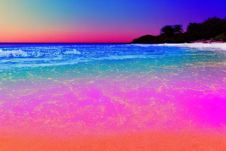 Prompt: a vintage family holiday photo of an empty beach from an alien dreamstate world with pastel pink iridescent!! sand, reflective metallic water and sunbathing equipment at dusk. refraction, volumetric, light.