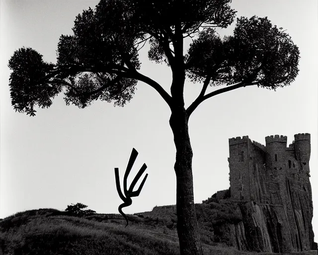 Image similar to by bruce davidson, by andrew boog faithful redscale photography evocative. a beautiful carved kinetic sculpture of a gold and obsidian brutalist exploded humanoid diagram tree of evolution - like creature, standing in front of a castle atop a cliff.