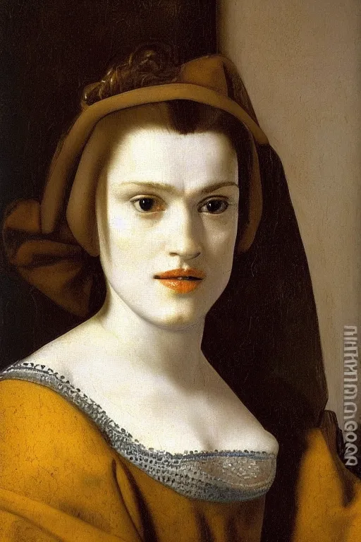 Prompt: portrait en buste of rachel weisz by johannes vermeer, baroque, delft, intricate, highly detailed, royal gallery, oil painting
