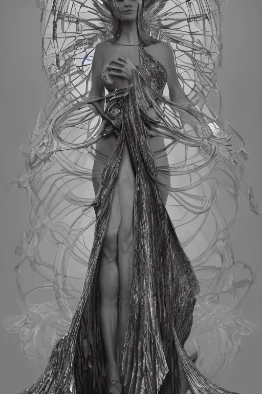 Prompt: a realistic moody photo of a beautiful ancient alien woman goddess kate moss kali standing in iris van herpen dress jewelery and fractals in style of alphonse mucha art nuvo dmt trending on artstation made in unreal engine 4