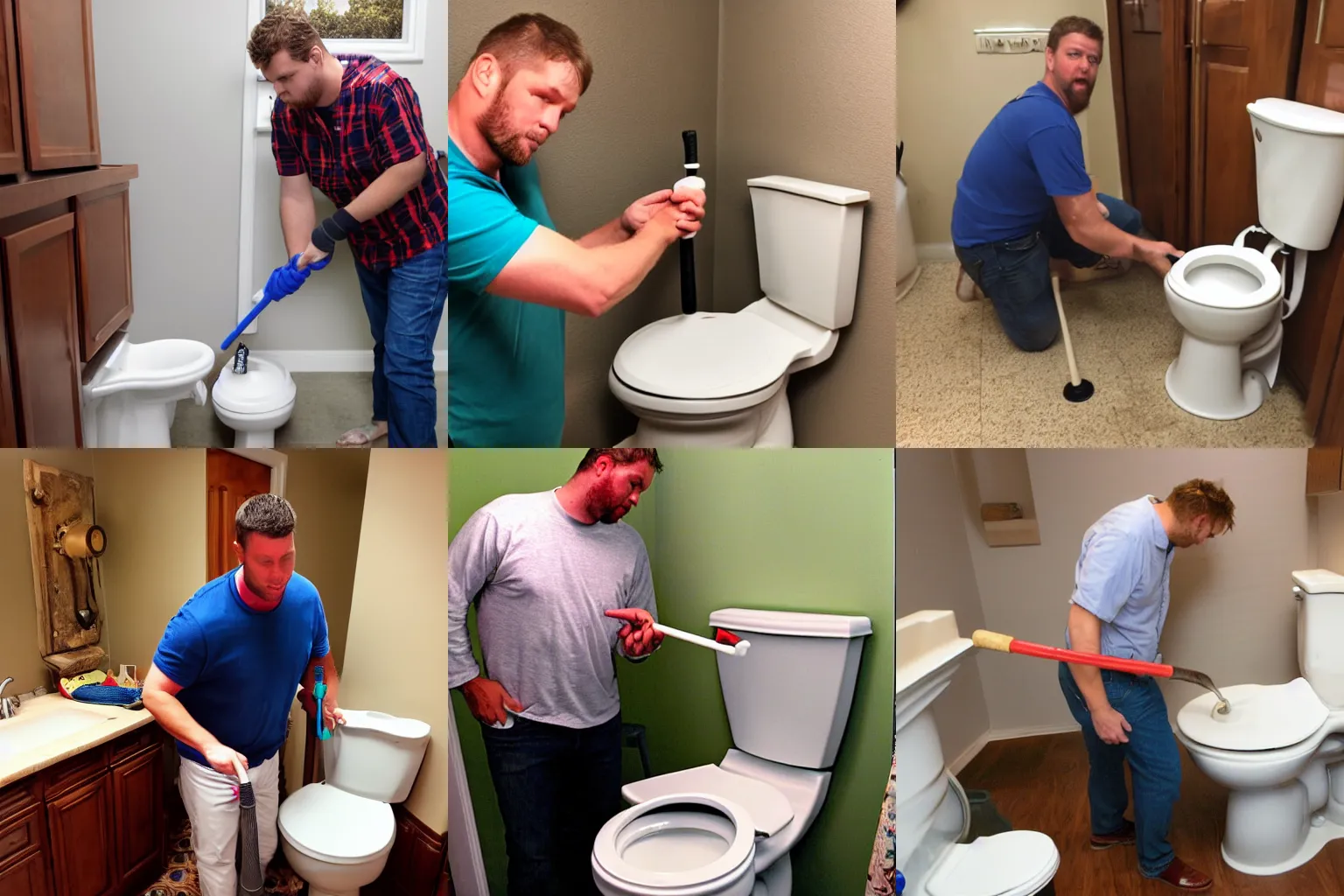 Prompt: chad improperly using a plunger to unclog a toilet