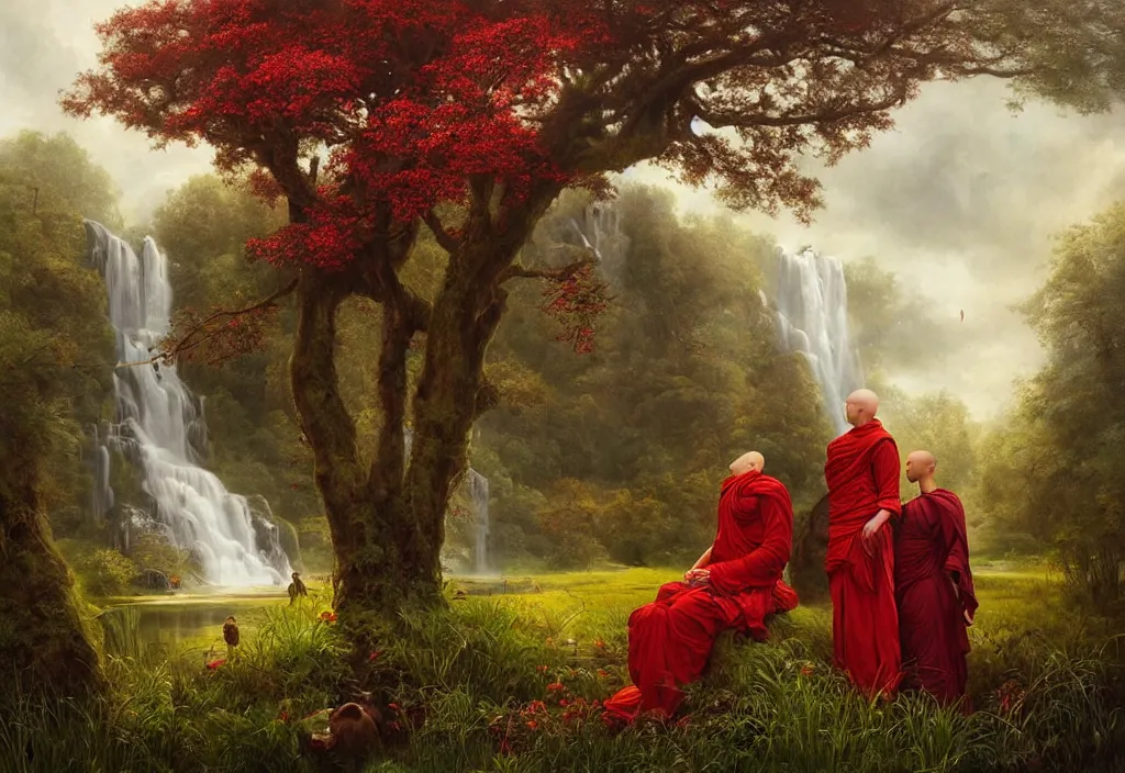 Prompt: morning light; floating lands in-clouds, blooming grass, bird flocks!!, giant cat trees, waterfalls, small monks in dark-red robes; by Tom Bagshaw, Ivan Shishkin, Hans Thoma, Asher Brown Durand