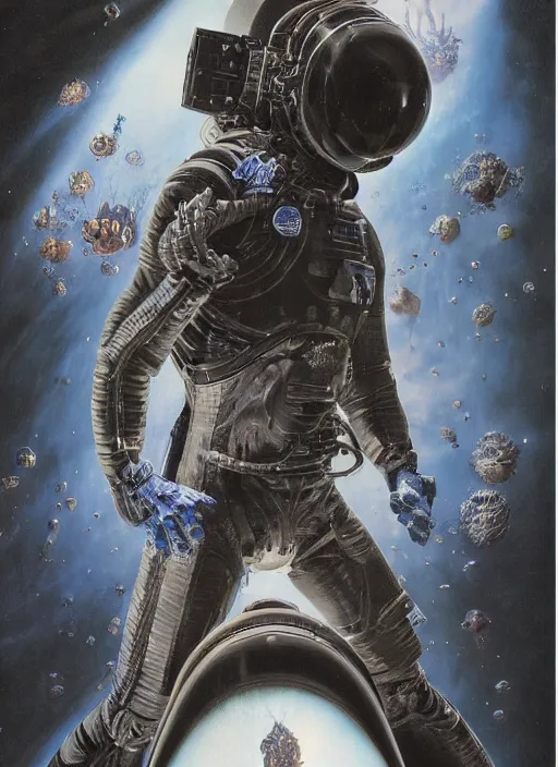 Image similar to astronaut in dark void underwater - complex and hyperdetailed technical suit design. reflection and dispersion materials. rays and dispersion of light. volumetric light. f / 3 2. noise film photo. flash photography. ultra realistic, 5 0 mm. poster by wayne barlowe, hajime sorayama aaron horkey, craig mullins