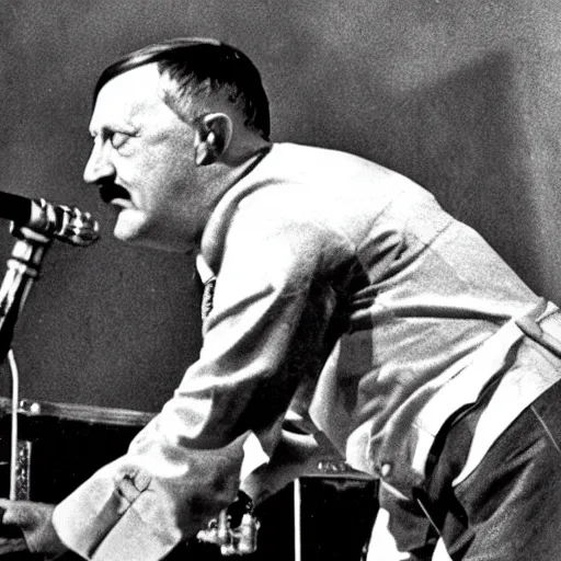 Image similar to A still of Hitler performing in a 1970s funk band