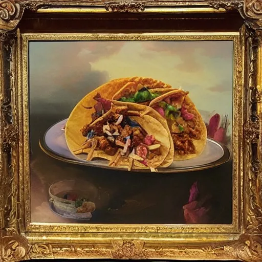 Prompt: “A beautiful, museum oil painting of a Taco Bell meal, including, soda, chips, tacos, sauce, and a bouquet of flowers on an elaborate beautiful table with fine china , painting is in a gilded frame”