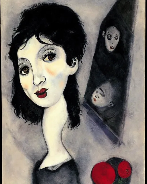 Image similar to A goth portrait painted by Marc Chagall. Her hair is dark brown and cut into a short, messy pixie cut. She has a slightly rounded face, with a pointed chin, large entirely-black eyes, and a small nose. She is wearing a black tank top, a black leather jacket, a black knee-length skirt, a black choker, and black leather boots.