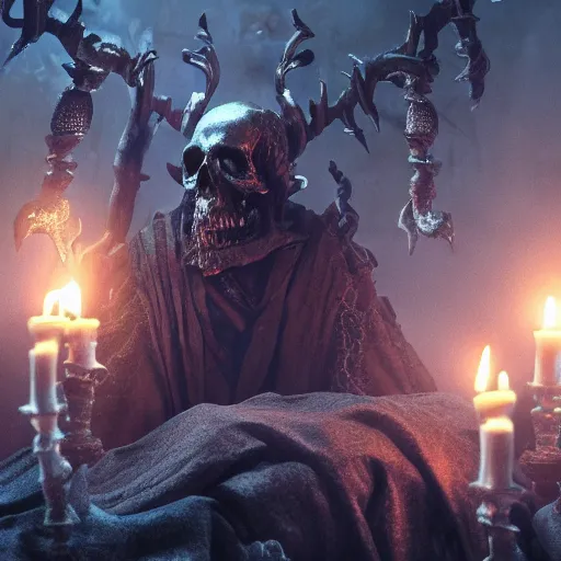 Image similar to death necromancer promo material, movie still, cinematic, photorealistic, extreme detail, sharp focus, 8 k, intricate, hyper detailed, realistic, cinematic lighting
