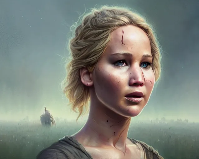 Prompt: highly detailed portrait of jennifer lawrence, in the walking dead, stephen bliss, unreal engine, fantasy art by greg rutkowski, loish, rhads, ferdinand knab, makoto shinkai and lois van baarle, ilya kuvshinov, rossdraws, tom bagshaw, global illumination, radiant light, detailed and intricate environment