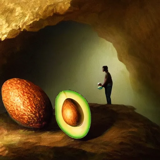 Image similar to man in a cave eating an avocado, landscape ultrarealistic, photorealism, golden ratio, art canvas, award winning, masterpiece, trending on artstation 8 k 1 5 0 mpx